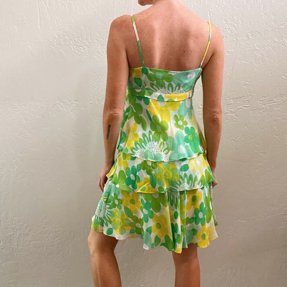 Vintage Y2K 100% Silk Green Floral Tiered Mini Dress - Picture 5 of 7